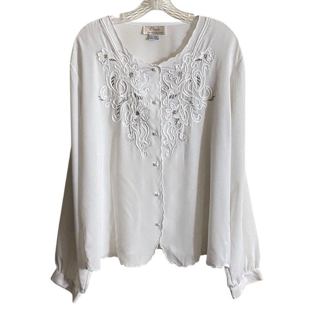 Vintage Voir Collection White Embroidered Blouse Scallop Faux Pearl Buttons 22W